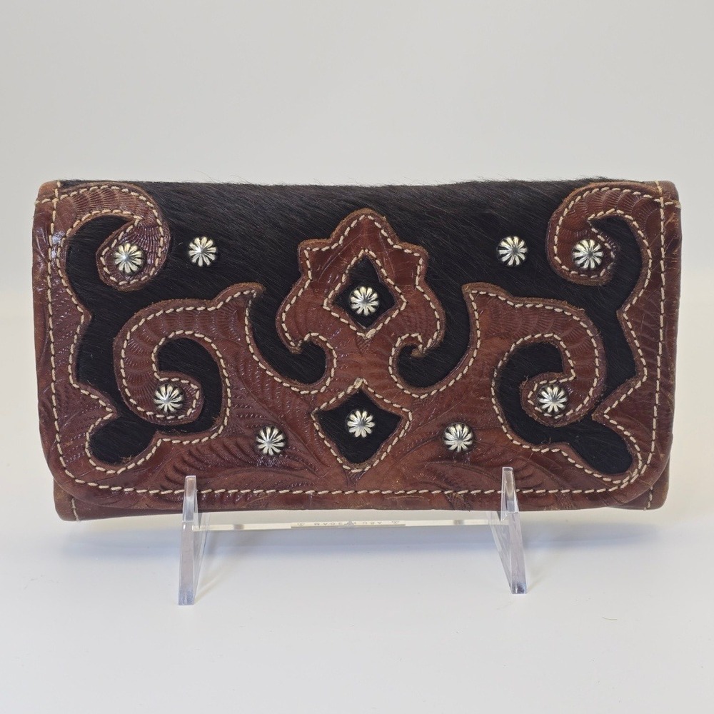 American West Leather Trifold Wallet Cowhide Hair on Hide Concho Tooled Brown